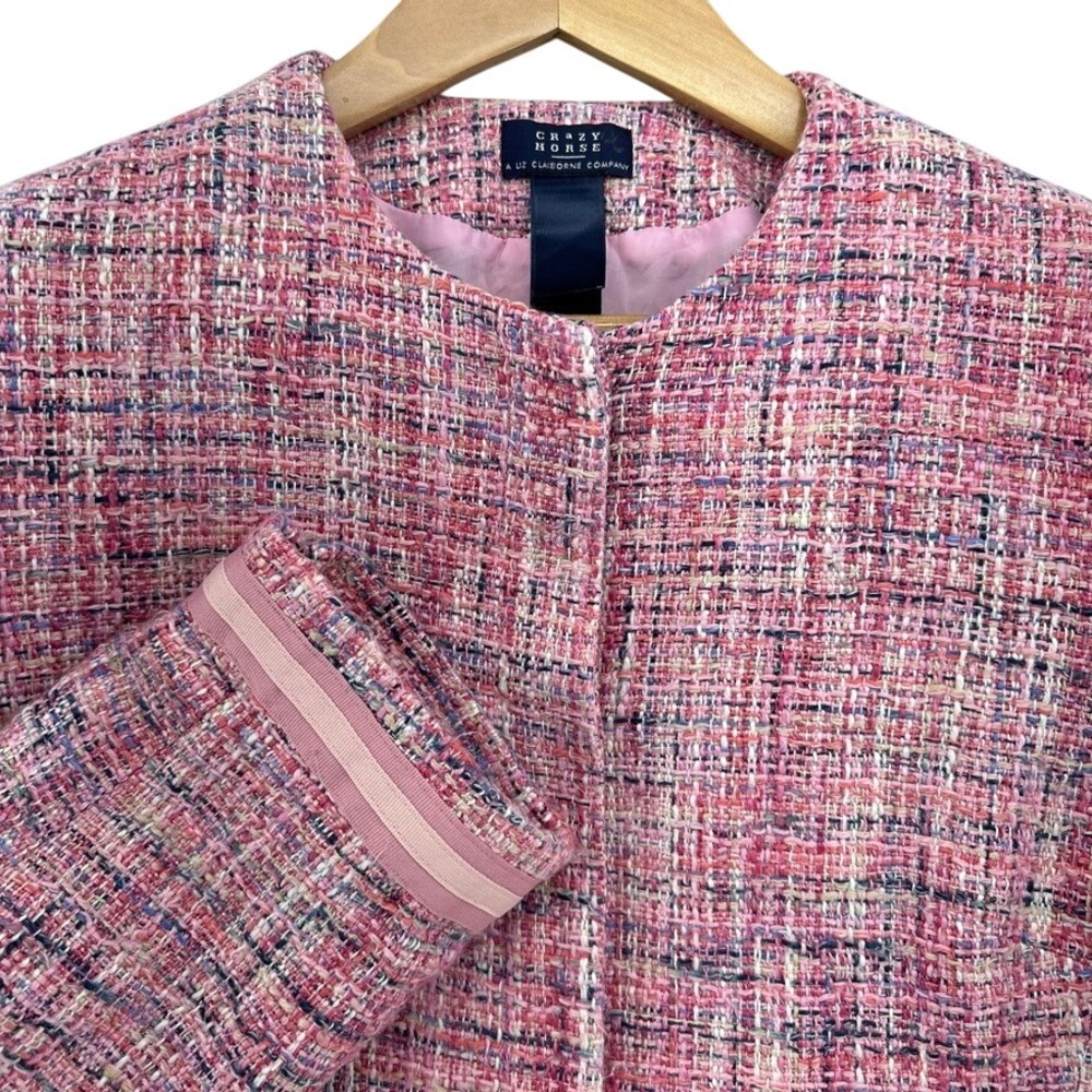 Y2K‎ Crazy Horse Liz Claiborne Pink Tweed Blazer Jacket Collarless Ribbon Trim L